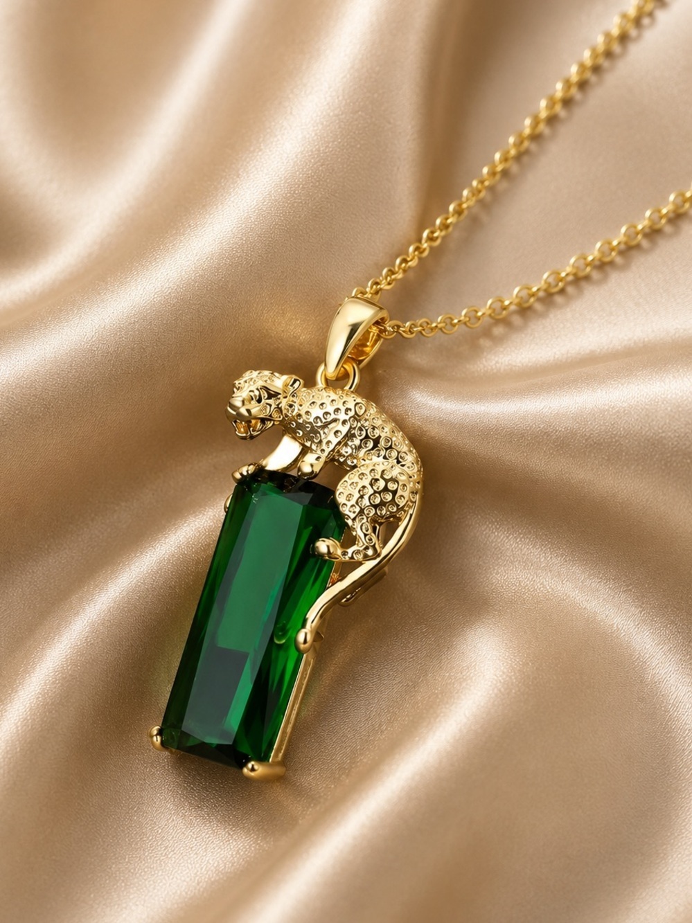 Gold Panther Pendant Necklace with Emerald Green Crystal - Picture 6 of 6
